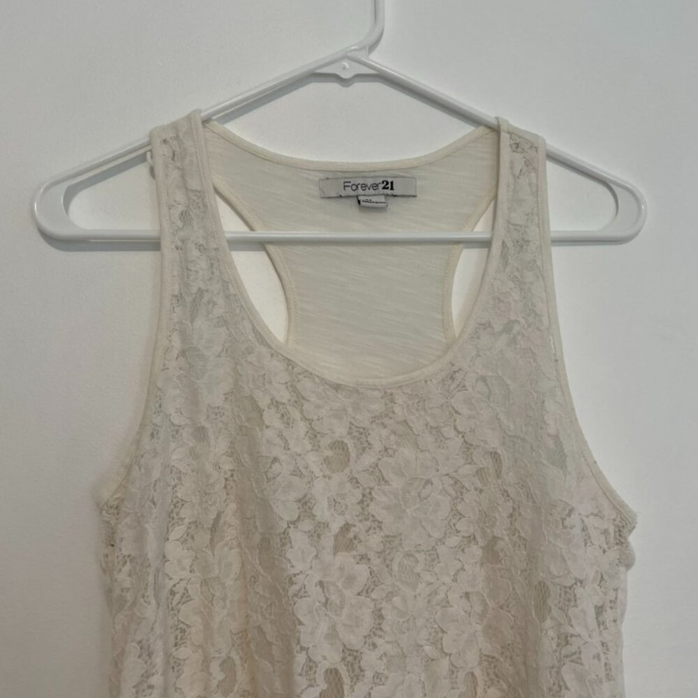 FOREVER 21 White Floral Lace Front / Solid Back Mixed Media Twee Racerback Tank - Picture 6 of 15